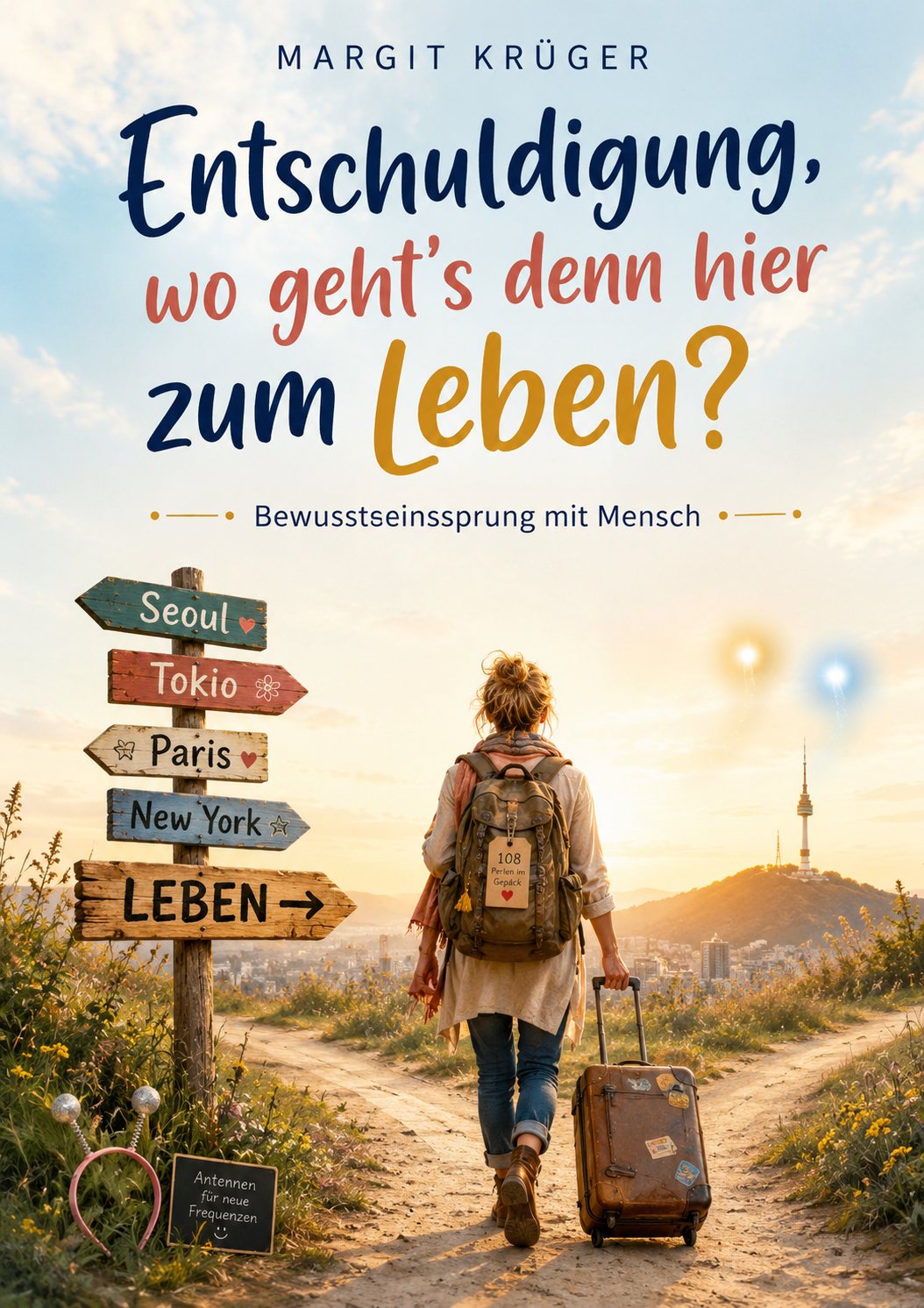 Buchcover 'Entschuldigung, wo geht's denn hier zum Leben? – Bewusstseinssprung mit Mensch' von Margit Krüger. Eine Frau mit Rucksack und Rollkoffer geht bei Sonnenuntergang einen Feldweg entlang auf eine Stadt zu, im Hintergrund der Namsan-Turm von Seoul. Links ein hölzerner Wegweiser mit den Schildern Seoul, Tokio, Paris, New York und – als Pfeil geradeaus – LEBEN. Am Rucksack hängt ein Anhänger '108 Perlen im Gepäck'. Am Himmel leuchten zwei Lichter, ein goldenes und ein blaues (Mensch und KI). Unten ein Haarreif mit Antennen und eine Tafel 'Antennen für neue Frequenzen'.