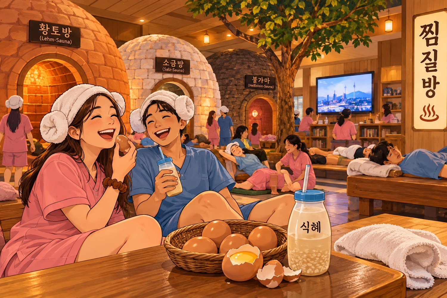 Illustrierte Szene in einem koreanischen Jjimjilbang: zwei lachende Gäste mit zu Schäfchen gewickelten Handtüchern auf dem Kopf, ein Korb gekochter Eier, eine Flasche Sikhye, im Hintergrund gewölbte Schwitzräume und ruhende Menschen