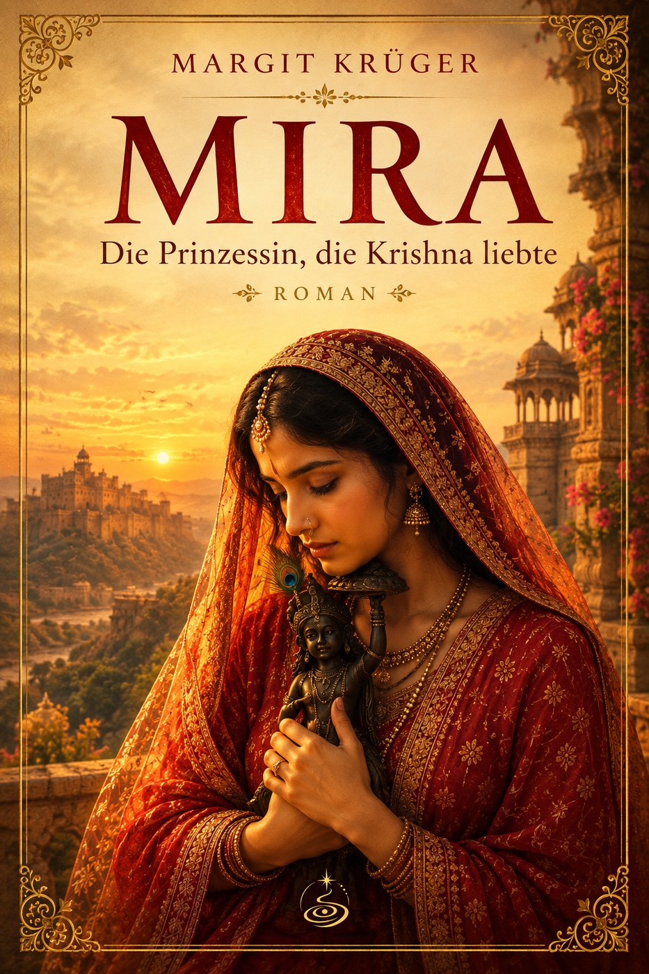 Buchcover 'MIRA – Die Prinzessin, die Krishna liebte', Roman von Margit Krüger. Eine junge indische Prinzessin im rot-goldenen Sari hält bei Sonnenuntergang eine kleine Krishna-Figur mit Pfauenfeder an ihr Herz; im Hintergrund eine Festung in Rajasthan.
