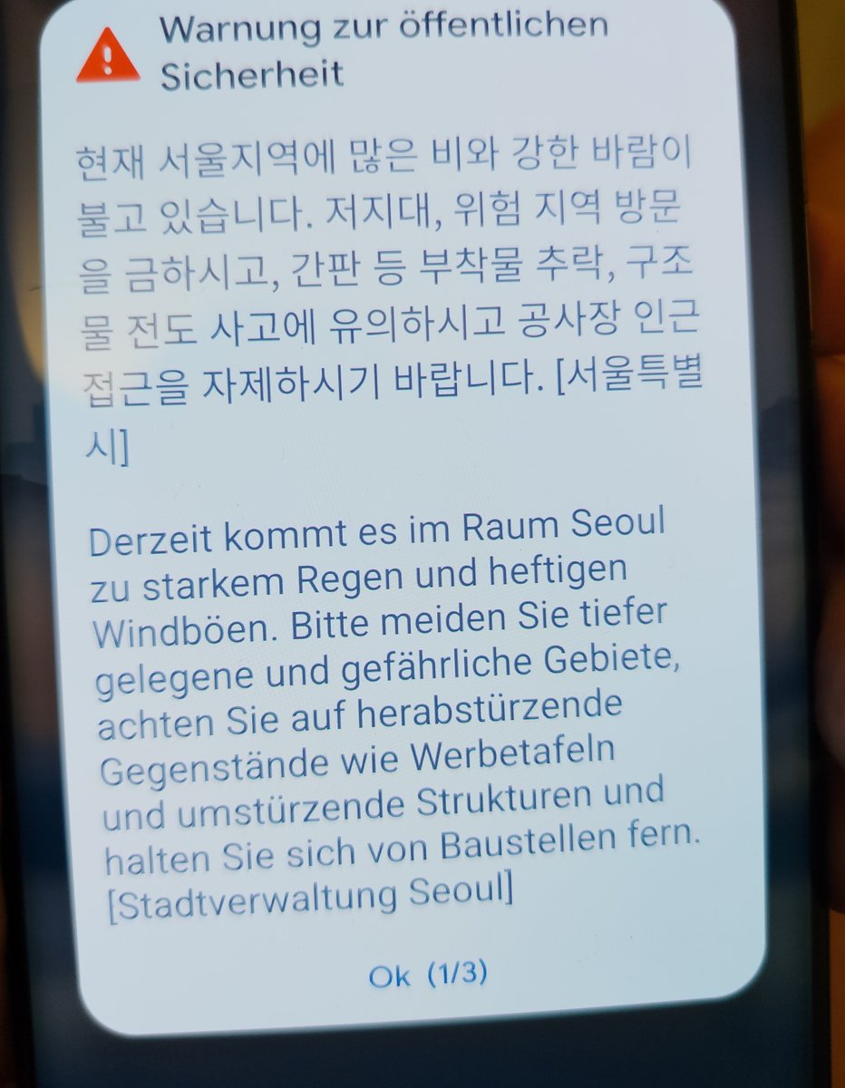 Amtliche Notfall-Warnung auf dem Handy: starker Regen und Wind im Raum Seoul, ins Deutsche übersetzt