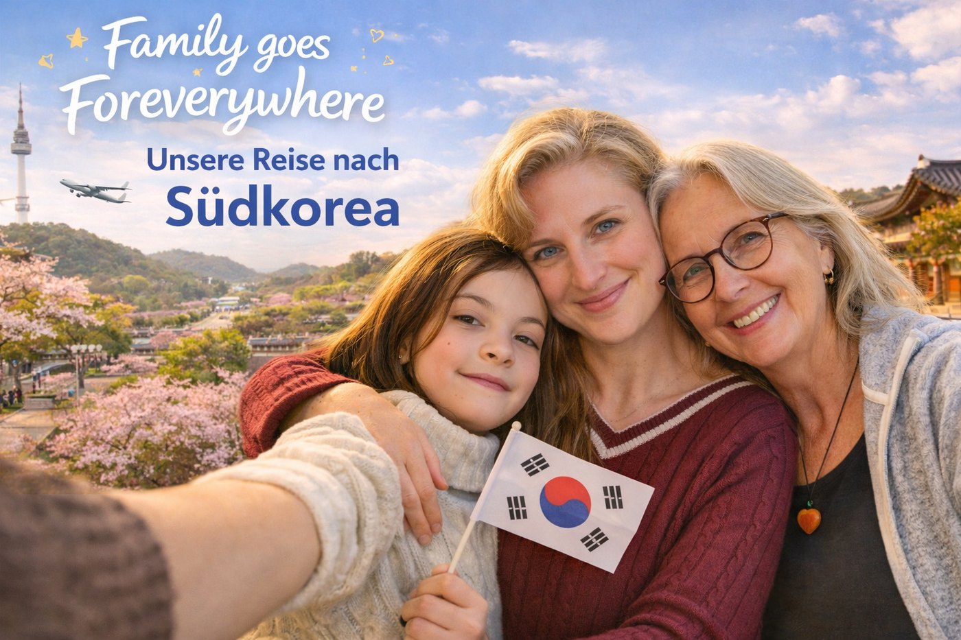 Family goes Foreverywhere – Unsere Reise nach Südkorea: Amy, Marie und Margit mit koreanischer Flagge vor Kirschblüten und dem N Seoul Tower