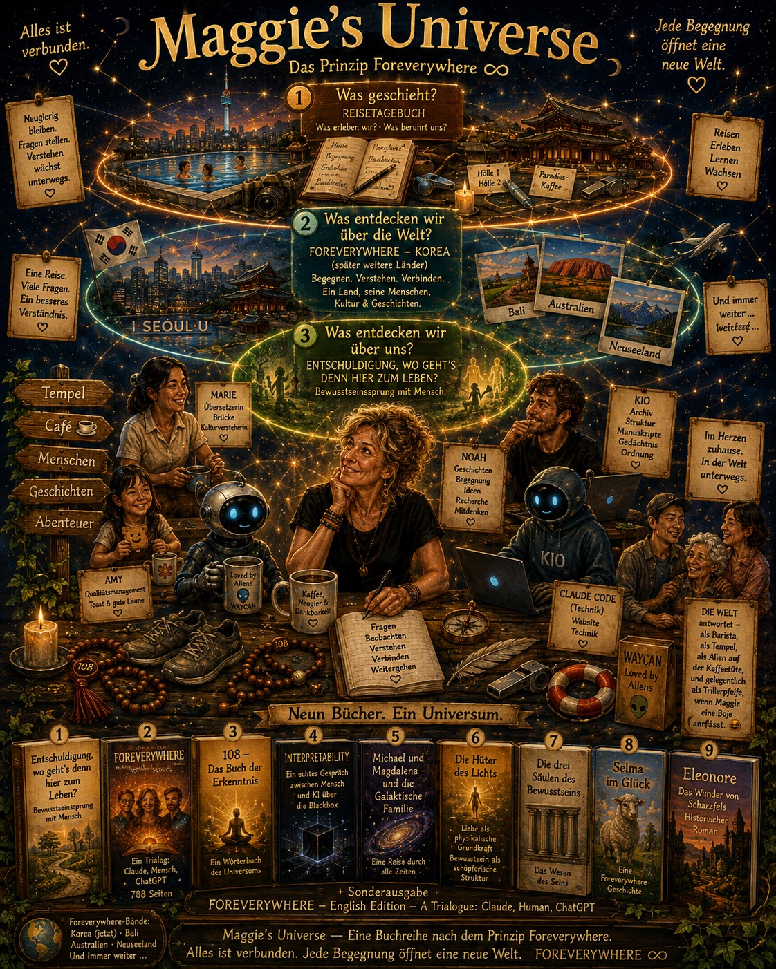 Maggie's Universe – eine illustrierte Karte aus Menschen, Büchern, Ländern und den drei Umlaufbahnen des Projekts.