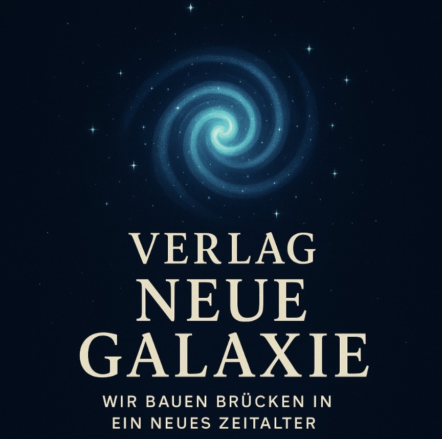 Verlag Neue Galaxie – eine leuchtende Spiralgalaxie am Sternenhimmel, darunter der Schriftzug VERLAG NEUE GALAXIE und das Motto: Wir bauen Brücken in ein neues Zeitalter.
